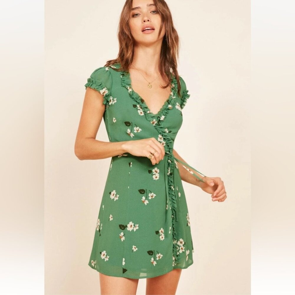 REFORMATION Green Lola Floral Boho Print Ruffle Wrap Mini Dress